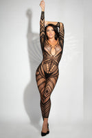 Sexy Long Sleeve Bodystocking – Sheer Lingerie with Plunging Neckline & Geo Pattern