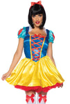 Classic Snow White Costume for Women – 2 PC Fairytale Satin Dress with Corset Ribbon Front & Bow Headband