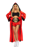 Knockout Champ Women's Boxer Costume – 5 Piece Sexy Halloween Set with Crop Top, Shorts, Robe, Champion Belt & Gloves