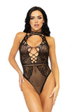 Net and floral lace halter bodysuit